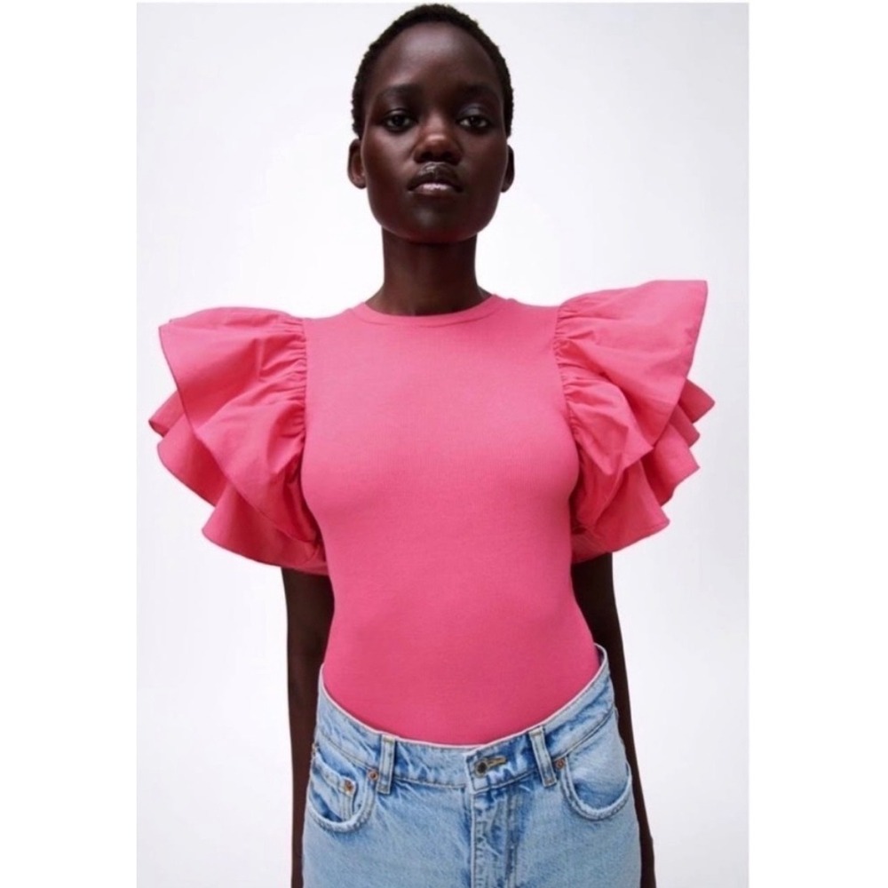 Zara Pink Ruffle Puff Sleeve Ribbed Bodysuit Barbiecore Medium